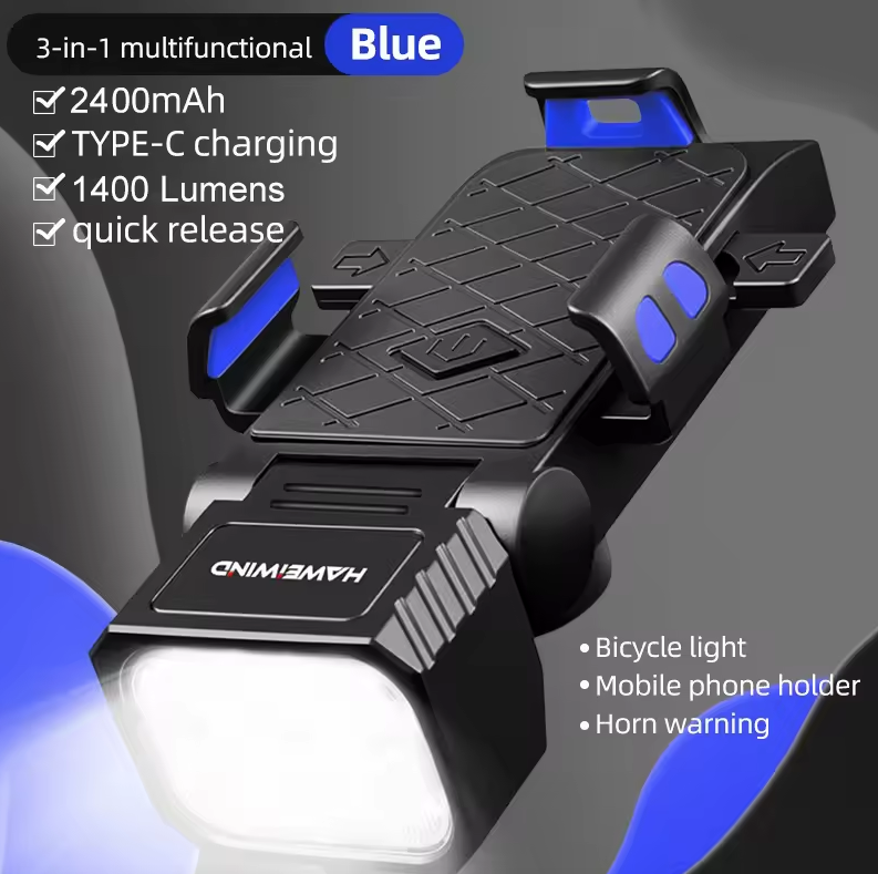 3-i-1 Cykellampa med Mobilhållare Cykel & Horn. Multifunktionell Framlampa, USB-C för Säkerhet.