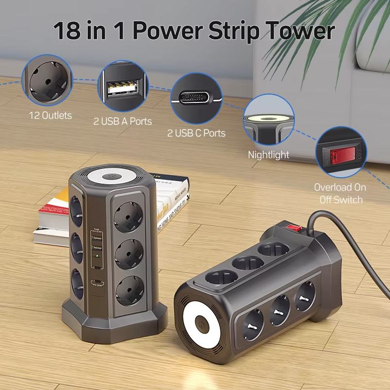 XT-G3211 Grenuttag Överspänningsskydd USB Laddare för Hemkontor 4000W 16A med Nattlampa