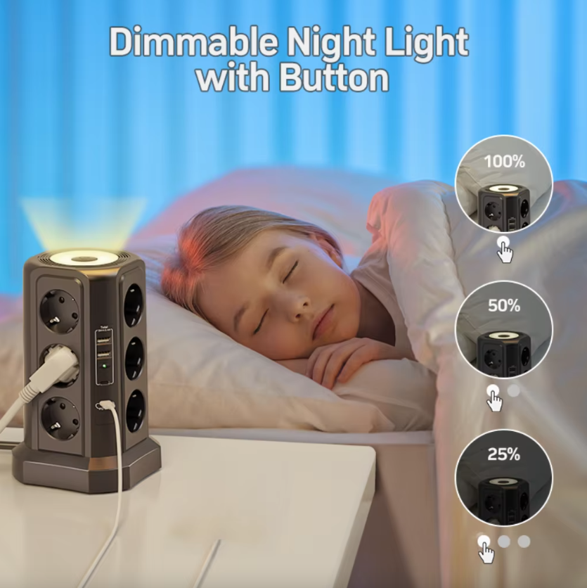 XT-G3211 Grenuttag Överspänningsskydd USB Laddare för Hemkontor 4000W 16A med Nattlampa