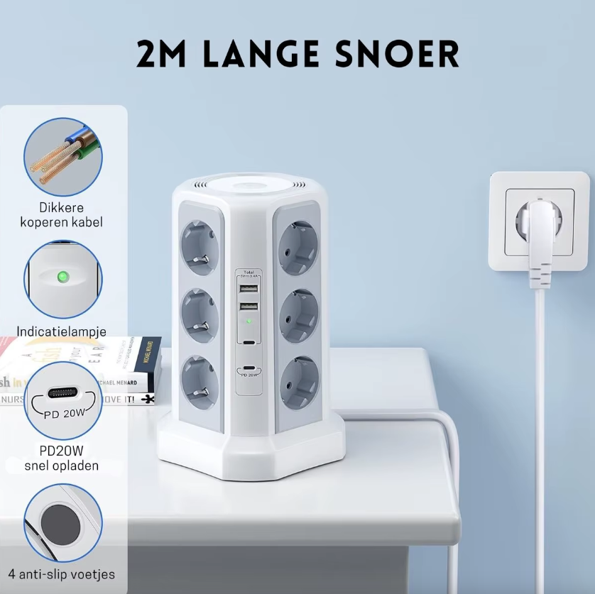 XT-G3211 Grenuttag Överspänningsskydd USB Laddare för Hemkontor 4000W 16A med Nattlampa