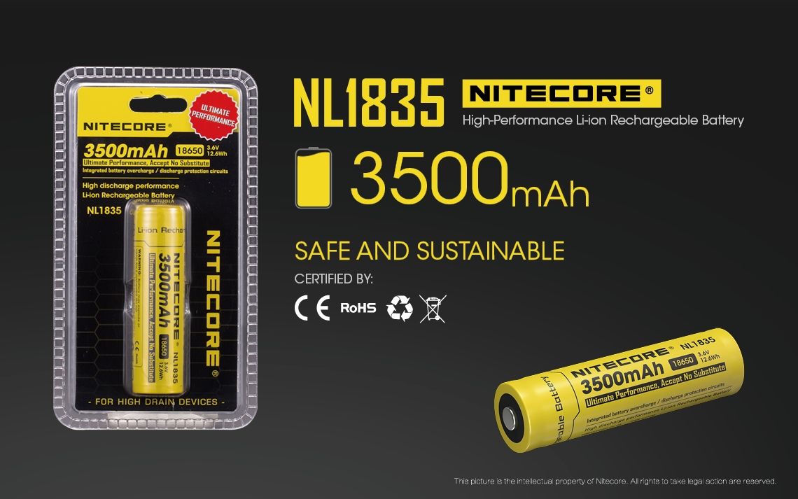 Nitecore 18650 NL1835 3500mAh Li-ion uppladdningsbart batteri för långvarig kraft och pålitlig prestanda.