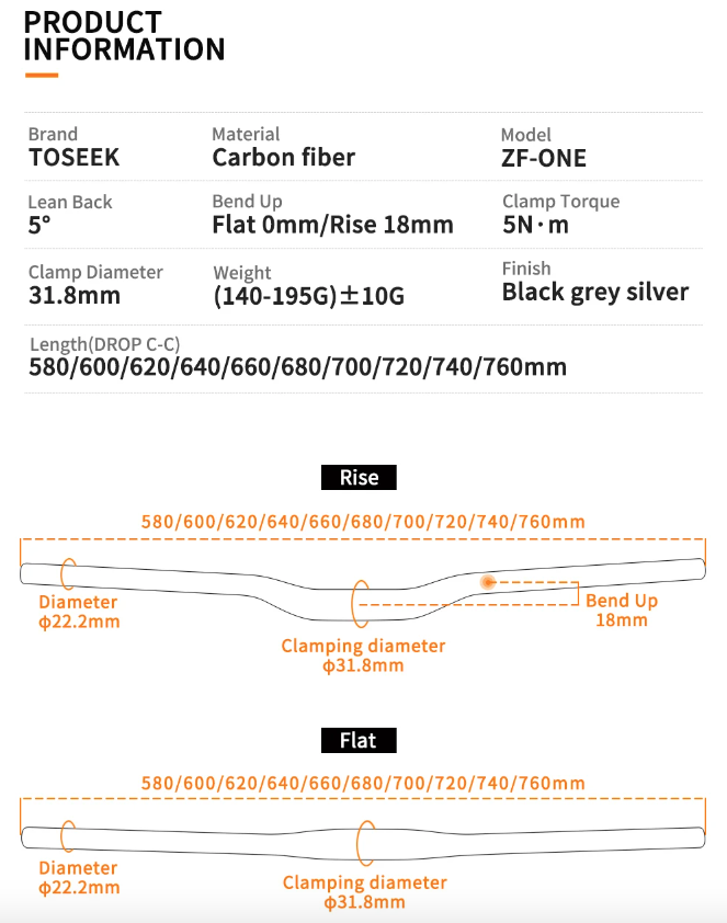 TOSEEK ZF-ONE MTB Carbonstyre 31.8mm Lättvikt Matt Svart 580mm 760mm Ergonomisk Design Premiumkvalitet