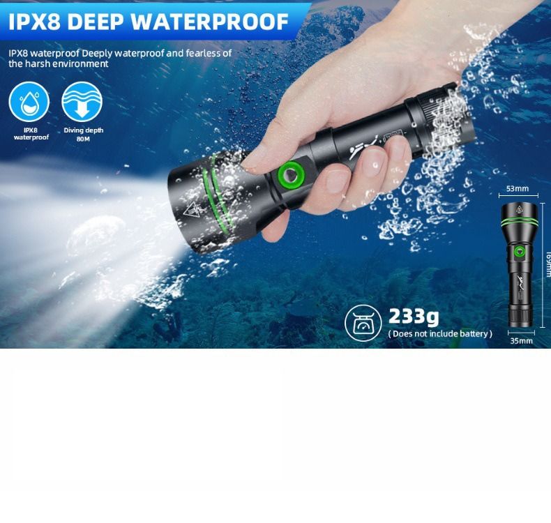 Utforska med vår P70 Dyklampa! 5000 Lumen & IPX8 Vattentät Ficklampa för Dykning 200m