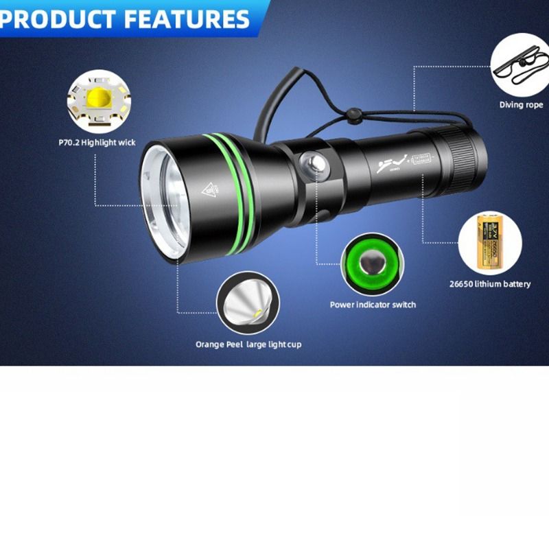 Utforska med vår P70 Dyklampa! 5000 Lumen & IPX8 Vattentät Ficklampa för Dykning 200m