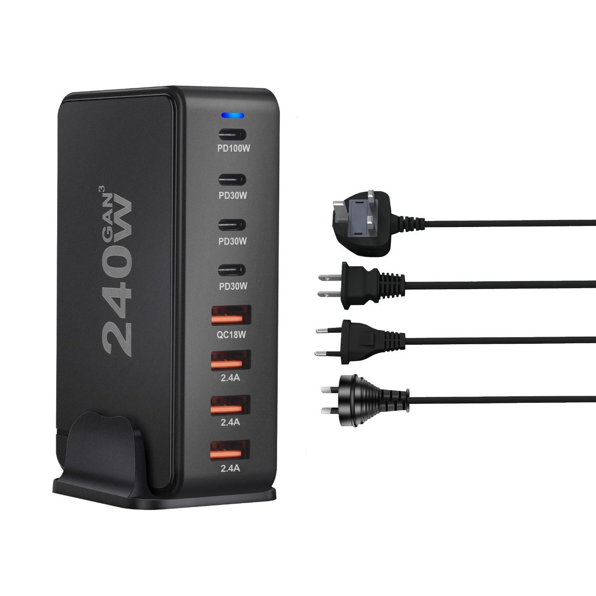 240W stationär GaN-laddare 8-portars USB Typ C PD snabbladdare med smart laddningsteknik och snabb laddning