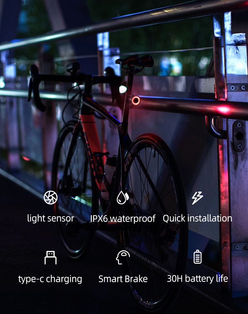 ROCKBROS Q3 Baklykta med Smart Bromssensor IPX6 Vattentät för MTB och Landsvägscykling Säkerhet