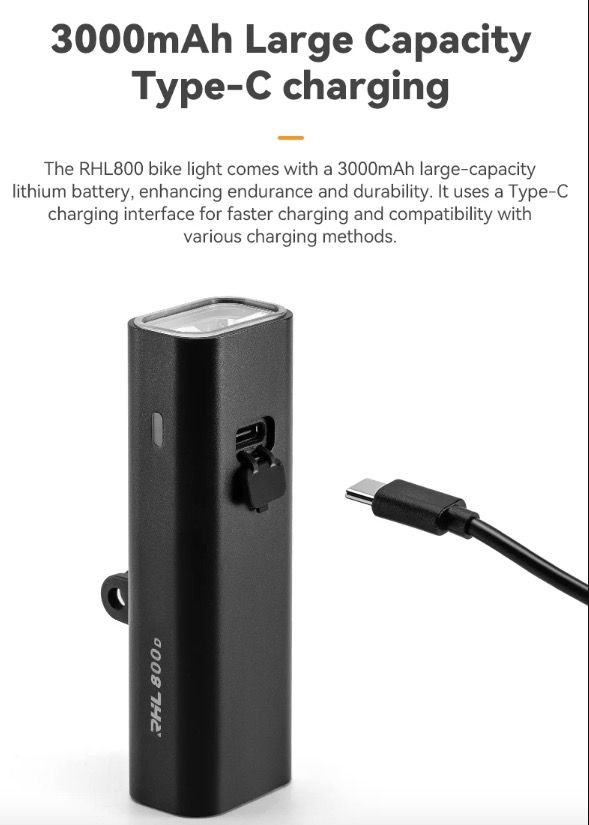 ROCKBROS RHL-1000LUMEN LED cykelfrontljus hög ljusstyrka regntätt Type-C uppladdningsbar för nattcykling