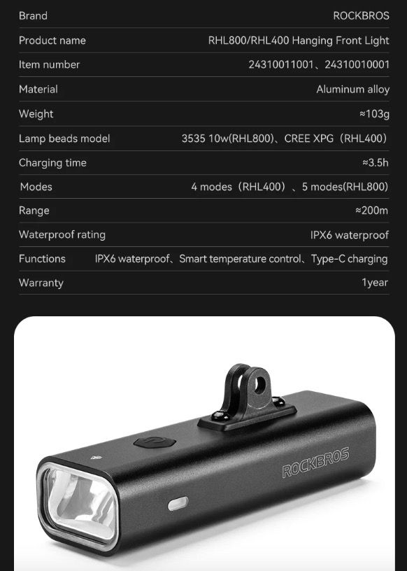 ROCKBROS RHL-1000LUMEN LED cykelfrontljus hög ljusstyrka regntätt Type-C uppladdningsbar för nattcykling