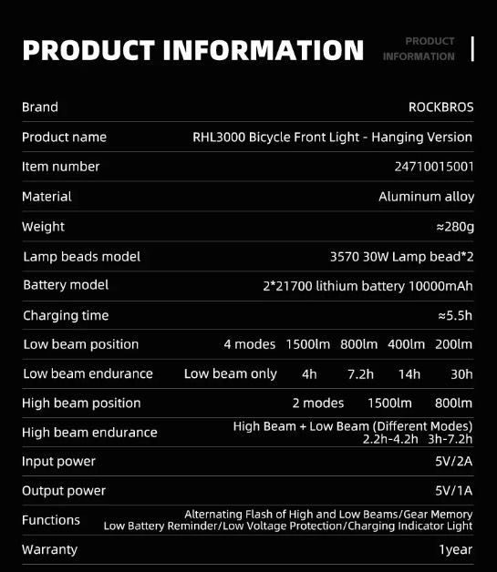 ROCKBROS RHL3000 Cykelljus 3000 Lumen LED-strålkastare 10000mAh Batteri Vattentät MTB Landsvägscykling Hållbar