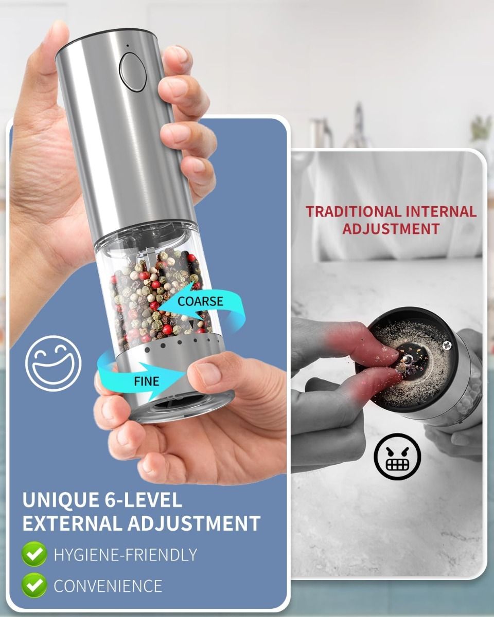 Modern & enkel: Elektrisk salt- & pepparkvarnset, uppladdningsbar kryddkvarn i rostfritt stål med laddningsbas, 190ml