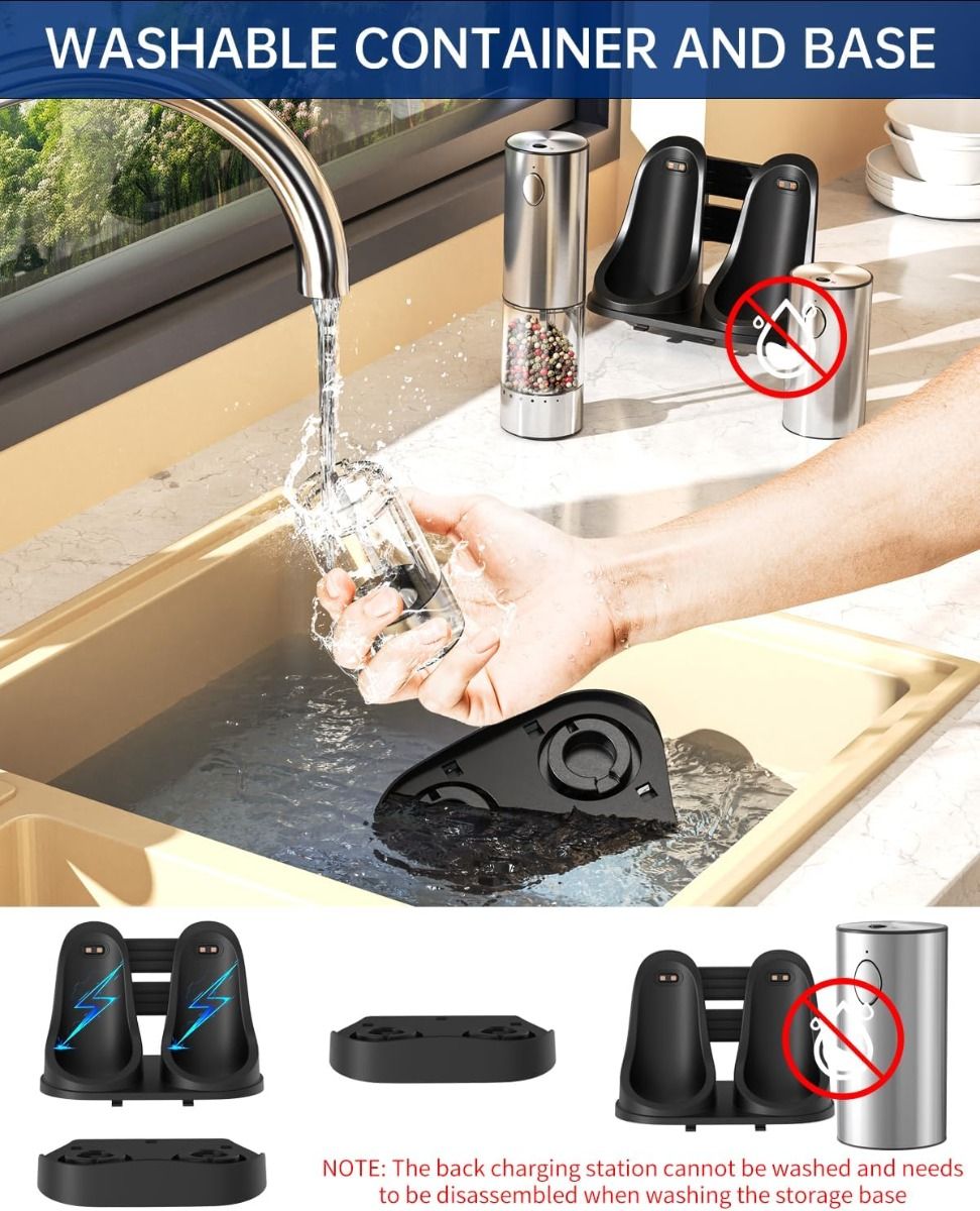 Modern & enkel: Elektrisk salt- & pepparkvarnset, uppladdningsbar kryddkvarn i rostfritt stål med laddningsbas, 190ml