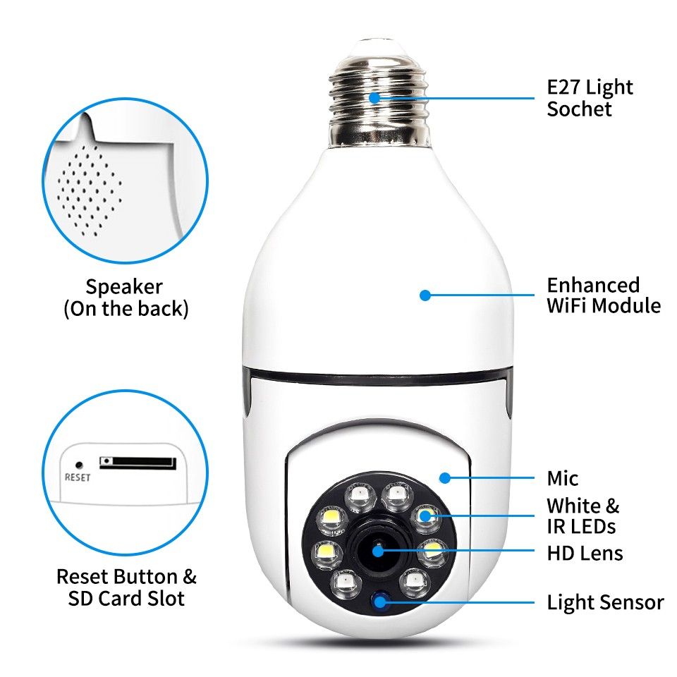 Smart 5G Wifi E27 Glödlampa Övervakningskamera med Nattvision Automatisk Människospårning och Hemsäkerhetslösning