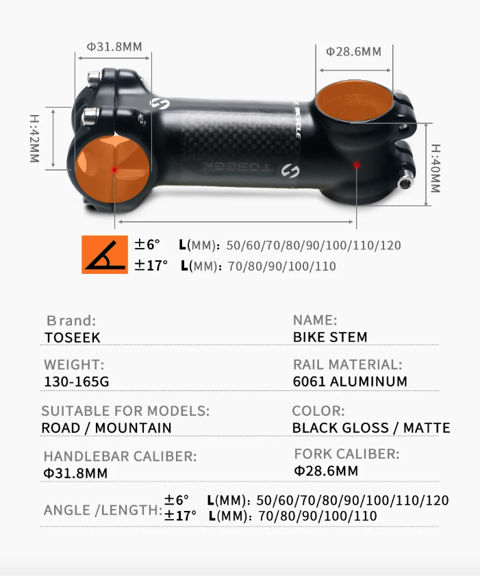 TOSEEK MTB styrstam 28.6mm justerbar vinkel lättvikt aluminium och kolfiber för cykelentusiaster