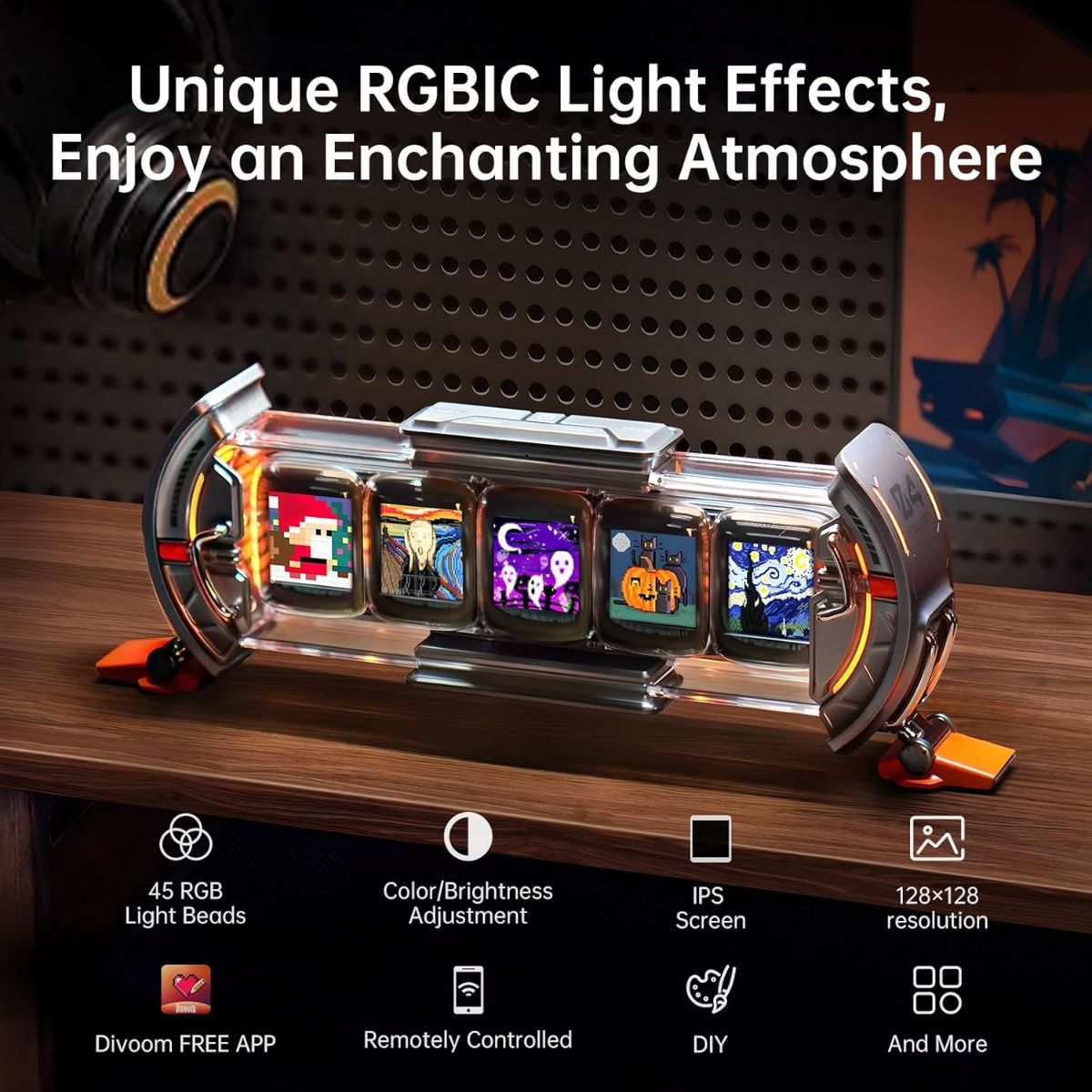 Divoom Times Gate: Cyberpunk Digital Väckarklocka med RGB Pixelkonst, Bitcoin & Smart app för Gaming Setup.