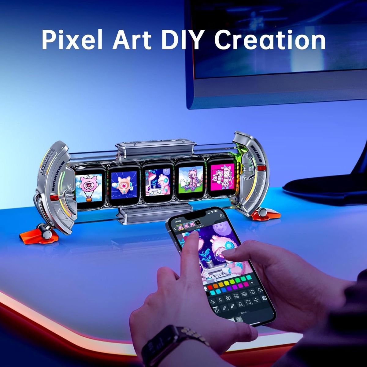 Divoom Times Gate: Cyberpunk Digital Väckarklocka med RGB Pixelkonst, Bitcoin & Smart app för Gaming Setup.