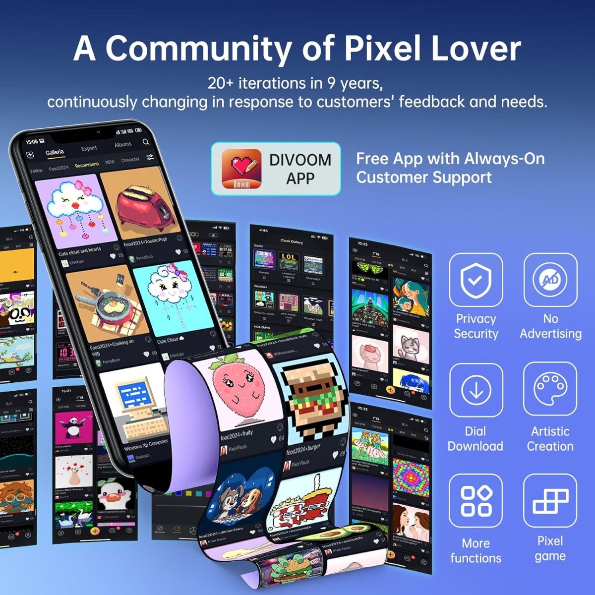 Divoom Times Gate: Cyberpunk Digital Väckarklocka med RGB Pixelkonst, Bitcoin & Smart app för Gaming Setup.