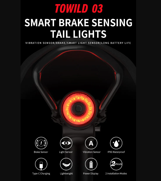 TOWILD TL03 smart cykel bakljus med automatiskt bromssensor ljus och fem blixtlägen för cykelsynlighet