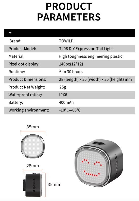 TOWILD TL08 Cykelbaklykta Med Anpassningsbara Mönster | Fullfärg Bromssensor USB-C Laddbar IPX6 Hög Synlighet Säkerhet