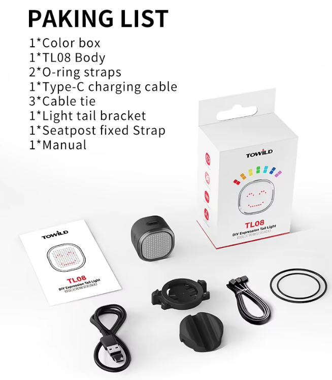 TOWILD TL08 Cykelbaklykta Med Anpassningsbara Mönster | Fullfärg Bromssensor USB-C Laddbar IPX6 Hög Synlighet Säkerhet