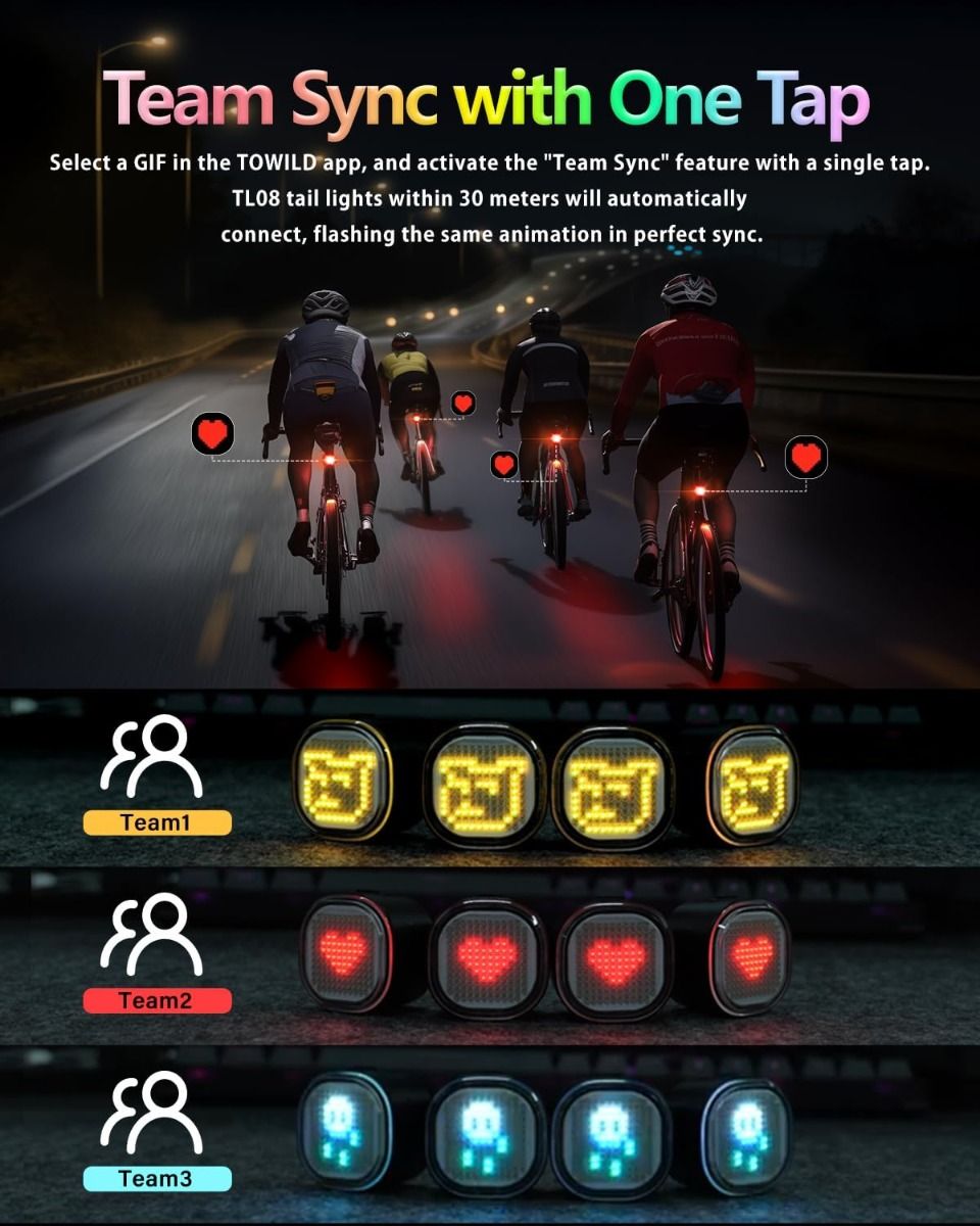 TOWILD TL08 Cykelbaklykta Med Anpassningsbara Mönster | Fullfärg Bromssensor USB-C Laddbar IPX6 Hög Synlighet Säkerhet