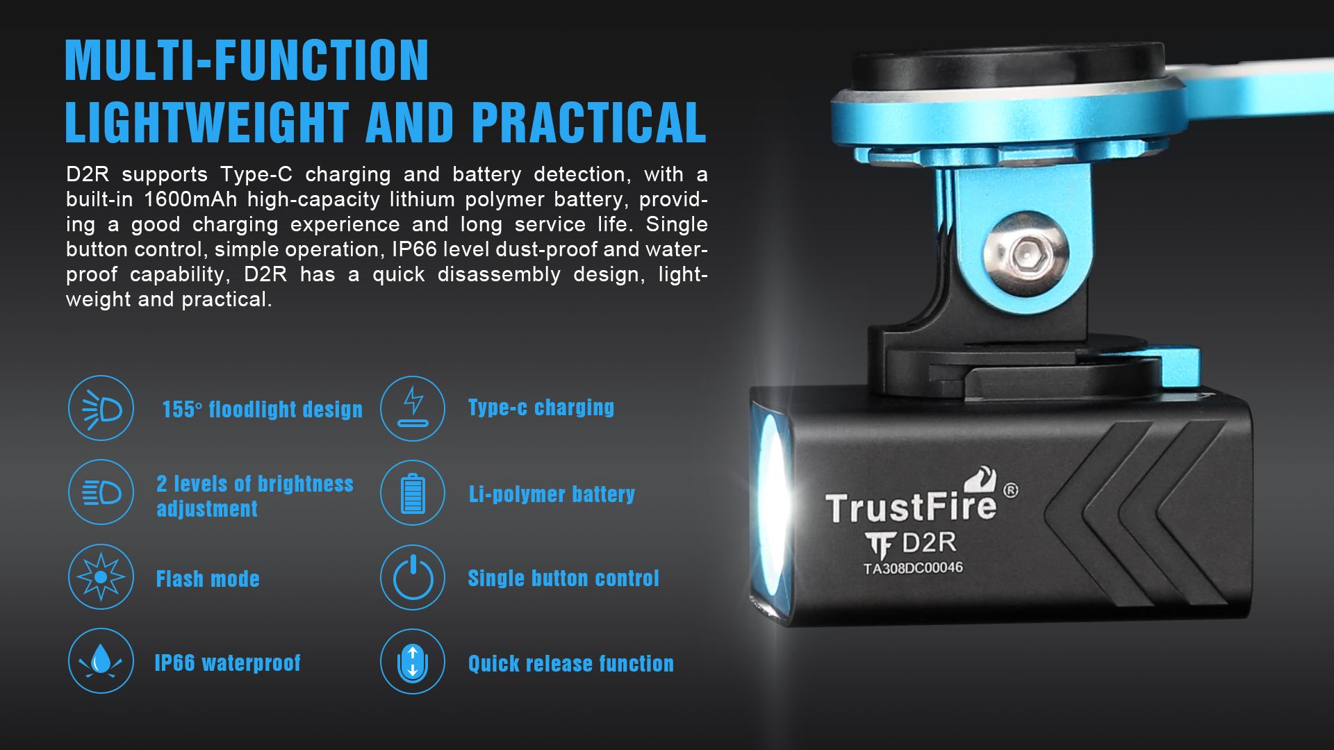 TrustFire D2R Cykelljus 450LM Vattentätt framljus Type-C laddningsbar cykellampa för säkerhet och synlighet