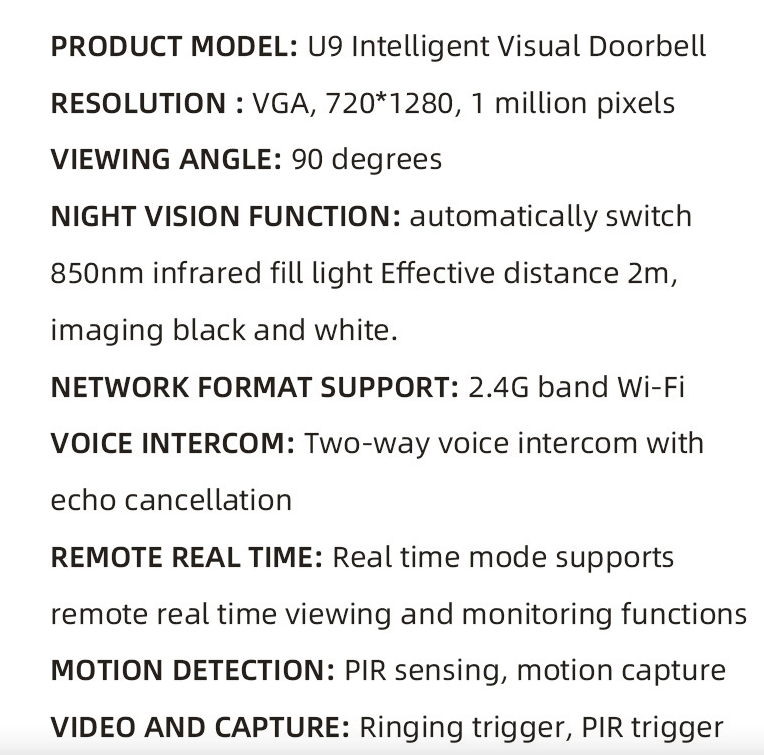 U9 Trådlös video dörrklocka videointercom övervakningskamera WiFi visuell dörrklockkamera tvåvägs intercom