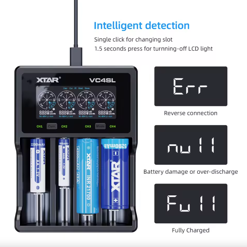 XTAR VC4SL batteriladdare 18650 21700 USB-C med snabbladdningsteknik och mångsidig batterikompatibilitet