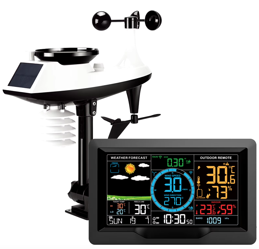 Solcellsdriven väderstation med 7.5 tum färgskärm trådlös utomhussensor larmlarm temperatur luftfuktighet