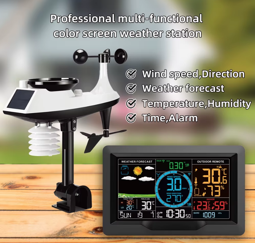 Solcellsdriven väderstation med 7.5 tum färgskärm trådlös utomhussensor larmlarm temperatur luftfuktighet