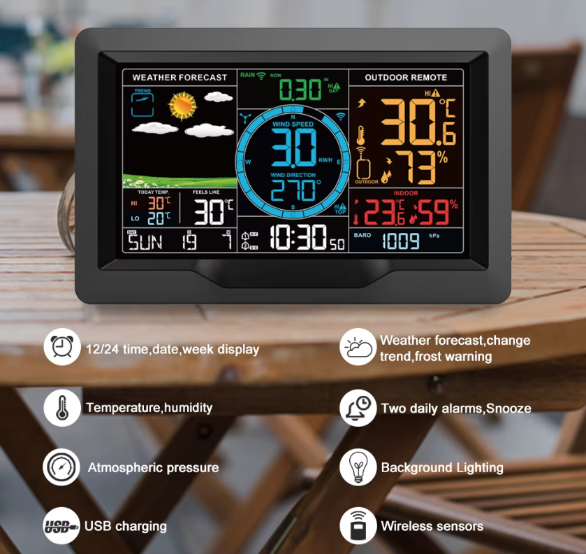 Solcellsdriven väderstation med 7.5 tum färgskärm trådlös utomhussensor larmlarm temperatur luftfuktighet