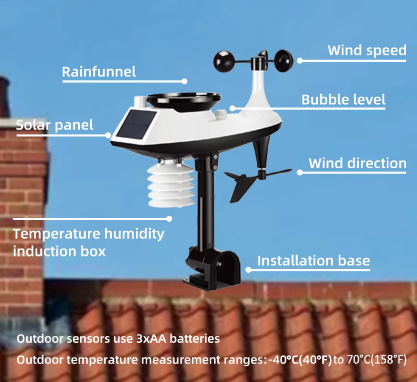 Solcellsdriven väderstation med 7.5 tum färgskärm trådlös utomhussensor larmlarm temperatur luftfuktighet