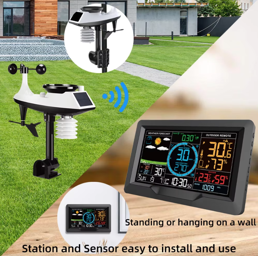 Solcellsdriven väderstation med 7.5 tum färgskärm trådlös utomhussensor larmlarm temperatur luftfuktighet