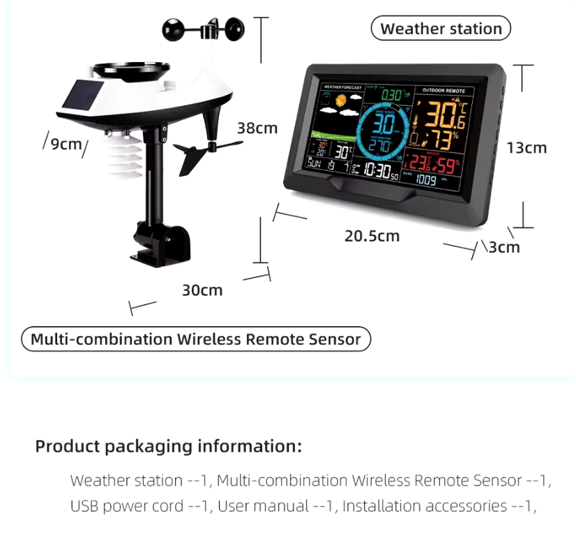 Solcellsdriven väderstation med 7.5 tum färgskärm trådlös utomhussensor larmlarm temperatur luftfuktighet