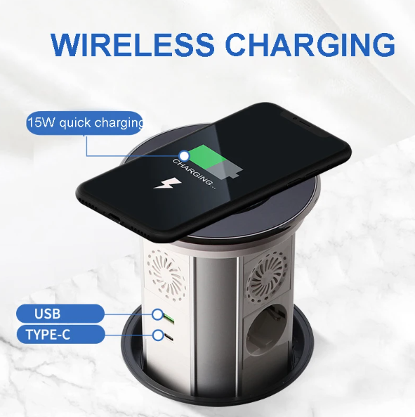 VENSTPOW Elektriska Lyftuttag Gömda Bordsskiva Uttag med USB Trådlös Laddning för Smart Strömtillgång