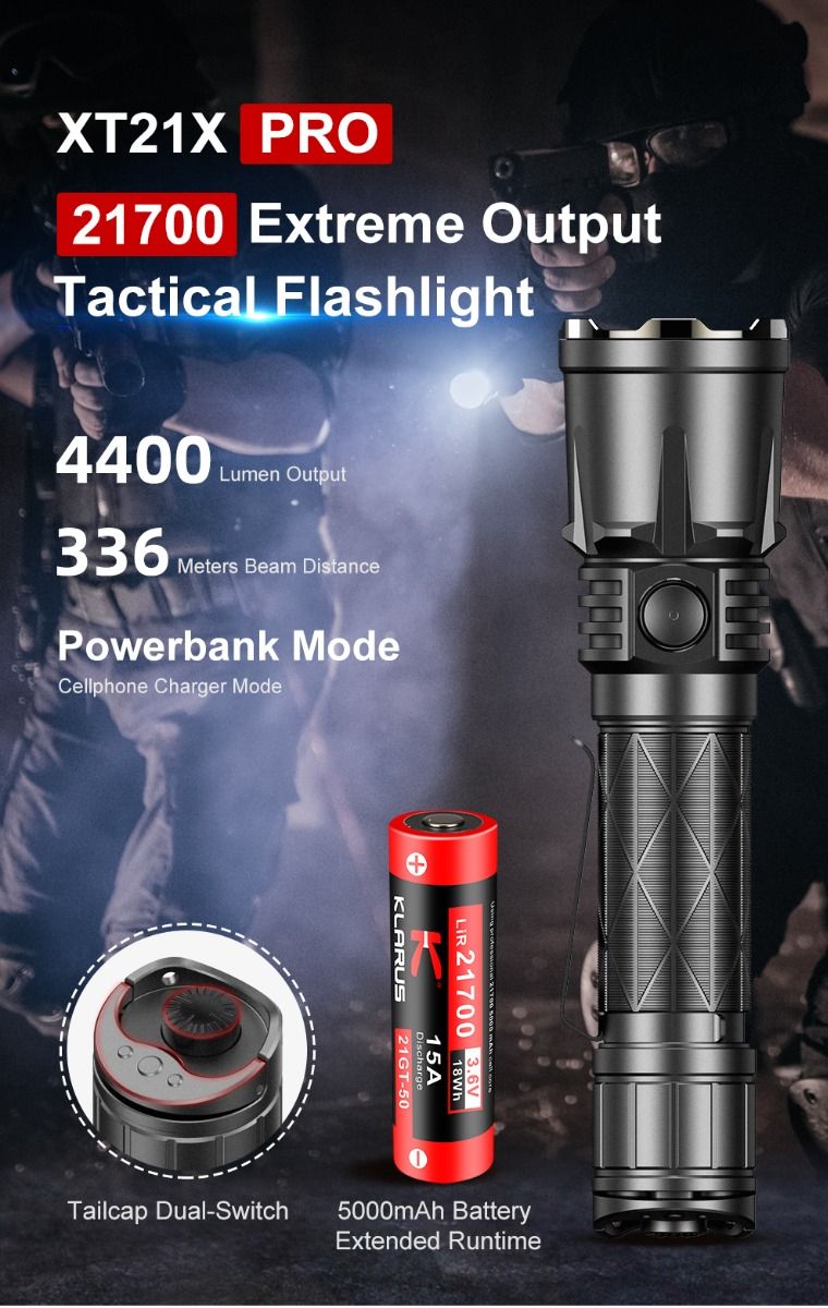 Klarus XT21X Pro XHP70.2 LED 4400 lumen utomhus taktisk ficklampa hög prestanda och uppladdningsbar